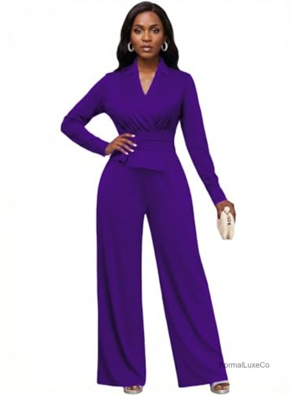 Wide Leg Peplum Jumpsuit Long Sleeve V-Neck Stretchy
